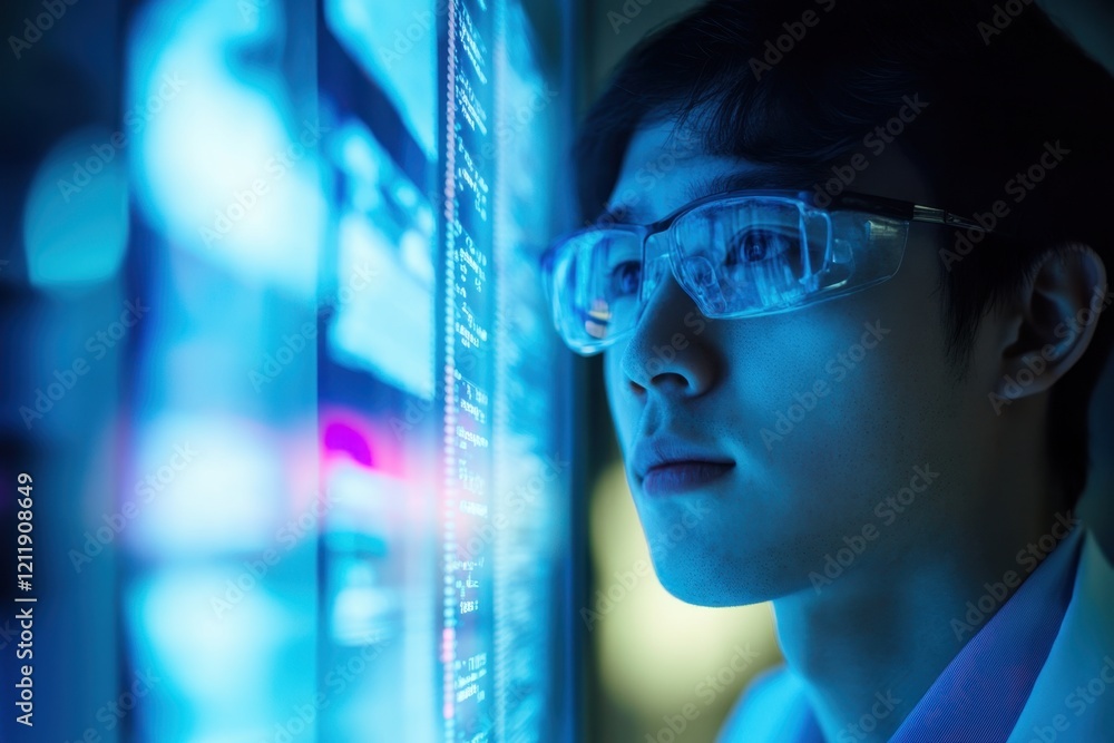 Aufkleber young scientist observes data analysis on a digital screen in a modern lab environment