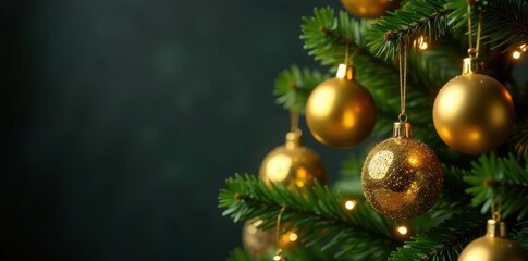 Fototapeta premium Glittering golden ornaments adorn a lush green Christmas tree, shining, luminous