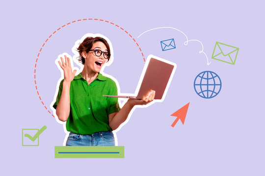 Creative sketch collage of happy freelancer girl wave hand laptop fast 5g globe network internet message interface icon checkmark