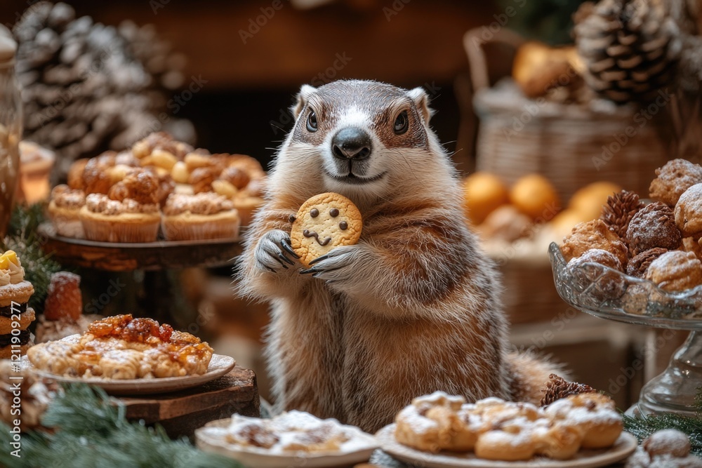 Poster a curious squirrel holds a cookie in front of a display of colorful pastries, perfect for food or na
