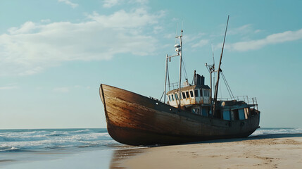 Obraz premium Abandoned wooden fishing boat on sandy beach, ocean waves in background; travel, tourism, coastal imagery