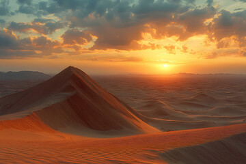 A desert landscape at sunset, bathed in warm topaz hues. The shadows of the dunes create a deep contrast with the golden light
