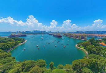 Obraz premium Aerial View of Serene Harbor with Ships and Lush Greenery Under Bright Blue Sky, Showcasing Vibrant Maritime Life and Urban Skyline in Background