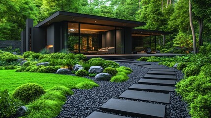 Fototapeta premium Cozy modern cabin amidst vibrant garden scenery