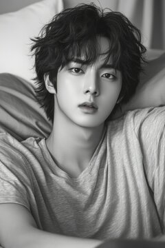 Young Man With Dark Hair Relaxed On A Pillow