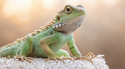 Green lizard basking, sunlit background, nature closeup, pet reptile
