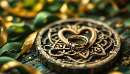 Intricate gold ring on celtic design background with green and gold ribbons