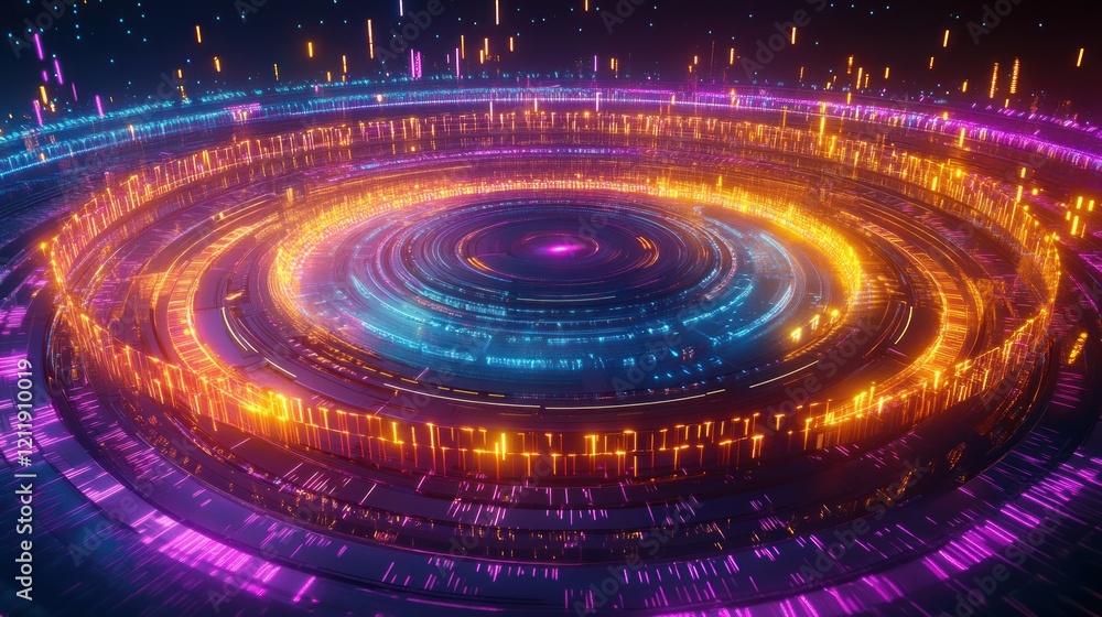 Poster abstract futuristic circular design with glowing neon rings and lines on dark background