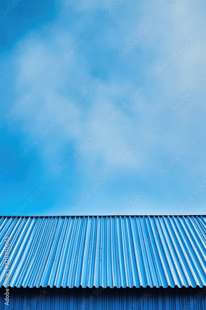 Poster a close-up shot of a metal roof with a bright blue sky in the background, suitable for use in archit