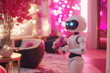 Robot holds flowers in luxurious, neon-lit room