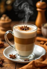 Steaming spiced latte with star anise and cinnamon in glass mug on wooden table