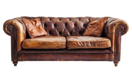 A cozy vintage leather sofa in a warm, inviting living room setting with rustic charm