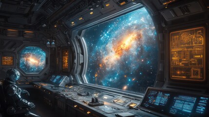 Naklejka premium Astronaut Contemplating Cosmic Nebula from Spaceship Bridge