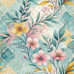 Watercolor Floral Seamless Pattern Pastel Pink Yellow Flowers Teal Lattice Background