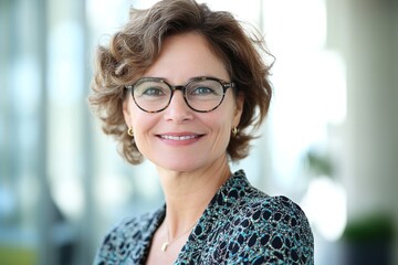 Headshot portrait of smiling senior Caucasian businesswoman in glasses pose in office on working day. Close up profile picture of happy middle-aged female employee or CEO show success at workplace.