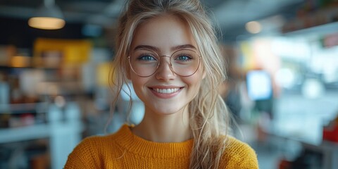 A woman is depicted wearing glasses and a yellow sweater, possibly engaged in reading or working
