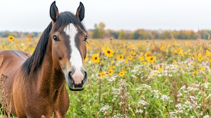 Fototapeta premium Chestnut horse in sunflower field, autumn