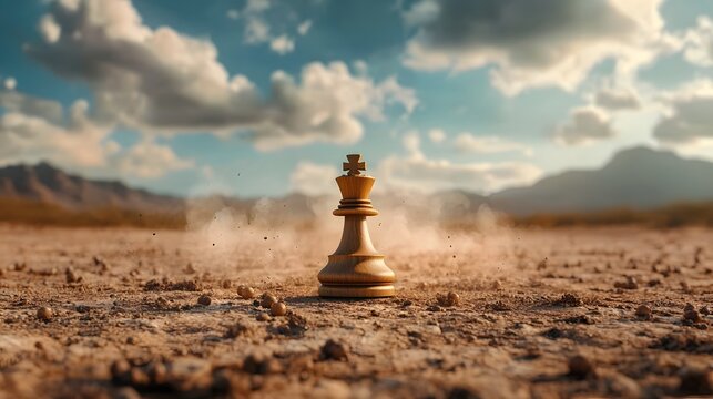 A lone chess king stands resolute in the middle of a vast barren desert landscape symbolizing the power and endurance of the individual amidst the challenges of adversity