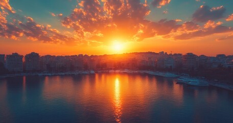 Obraz premium Breathtaking Sunset Over Calm Waters with Silhouetted Cityscape, Capturing the Essence of Nature's Beauty and Urban Life Merging in Perfect Harmony