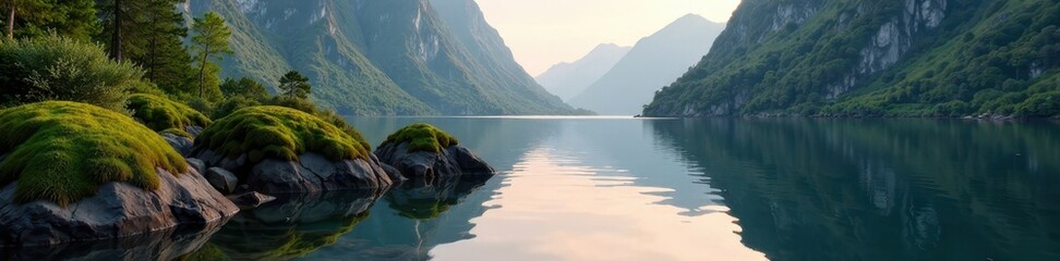 Moss-covered boulders in a serene fjord lake at dawn, spring, lakes