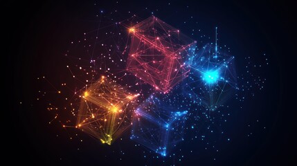 Obraz premium Glowing network nodes connecting, dark background, digital art, tech concept