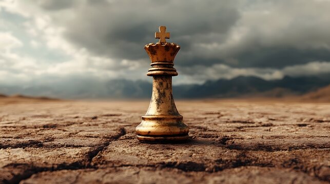Solitary Monarch A lone chess king stands resolute in the vast barren desert landscape symbolizing the power of perseverance and resilience in the face of adversity