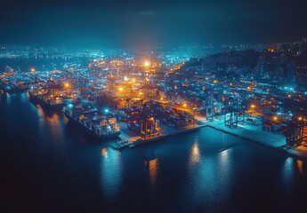 Captivating Aerial View of an Industrial Port at Night with Illuminated Cranes, Containers, and Reflections in Calm Waters of a Harbor