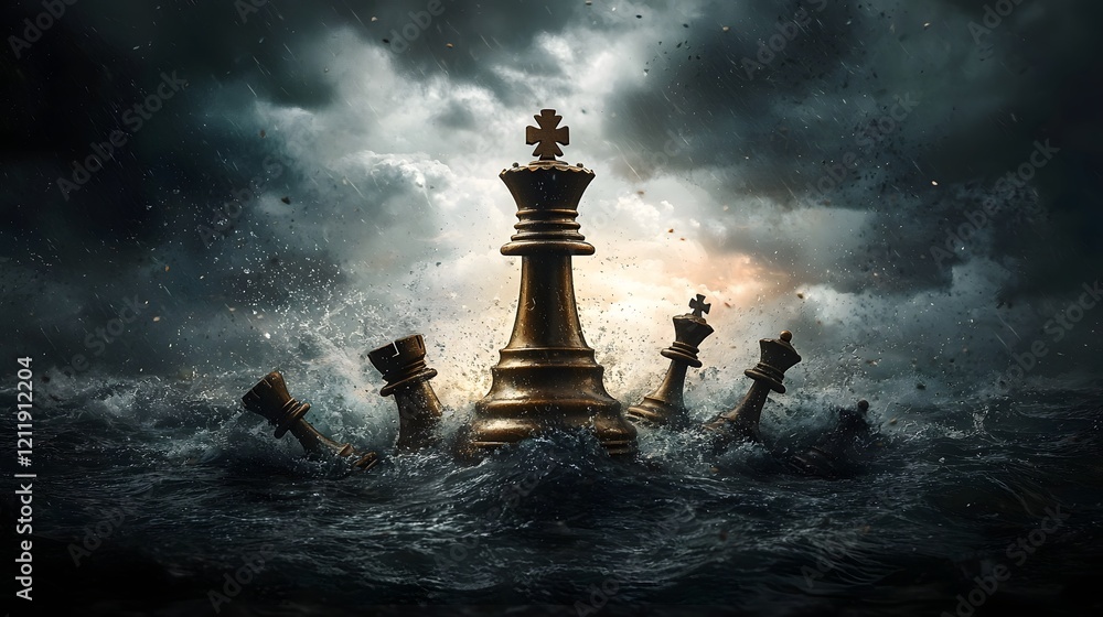 Poster chess king surrounded by chaotic stormy sea with floating chess pieces portraying a metaphorical str