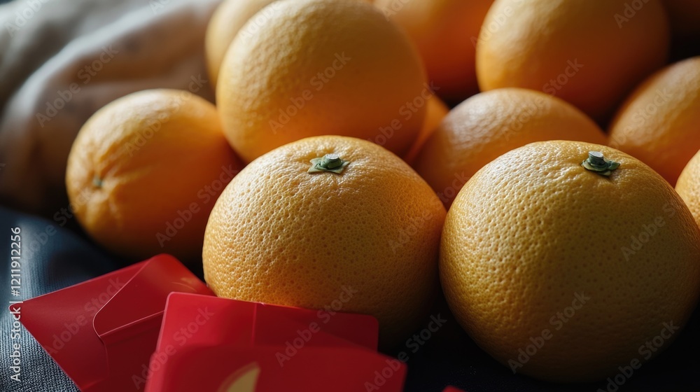Poster a collection of oranges stacked on a table, ideal for use in food or still life photography