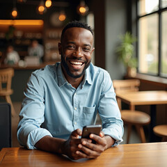 Smiling Black Man Sitting at Table Holding Cell Phone