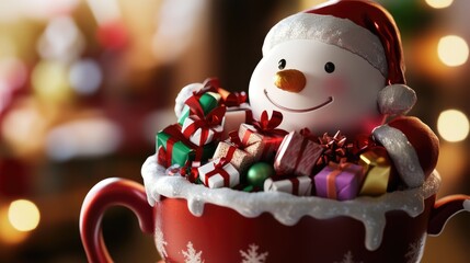 Fototapeta premium A snowman figurine sitting in a cup of coffee, perfect for winter-themed illustrations and designs