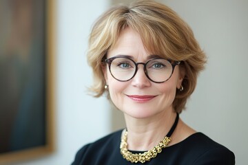 Headshot portrait of smiling senior Caucasian businesswoman in glasses pose in office on working day. Close up profile picture of happy middle-aged female employee or CEO show success at workplace. 