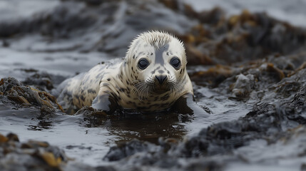 Fototapeta premium Young seal pup struggling in polluted coastal waters, surrounded by dark oil-covered seaweed, symbolizing ocean contamination.