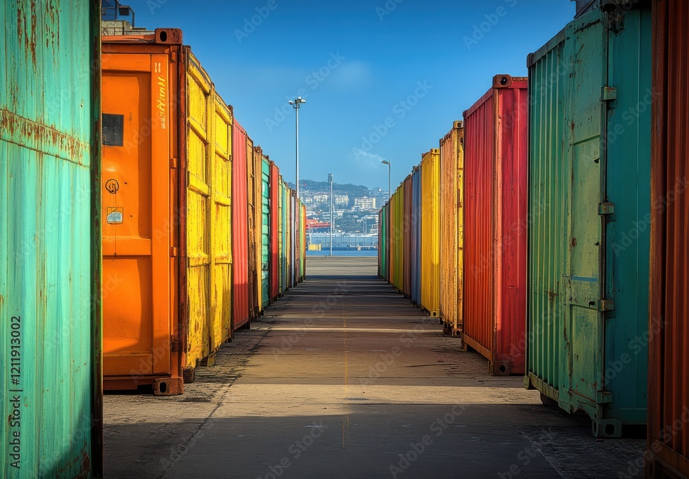 Poster colorful shipping containers in a port setting creating a vibrant pathway with a scenic background o