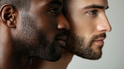 Fototapeta premium Intimate view of two men's shoulders highlighting their diverse backgrounds, evoking a sense of unity and appreciation for uniqueness. The light accentuates their features, promoting camaraderie