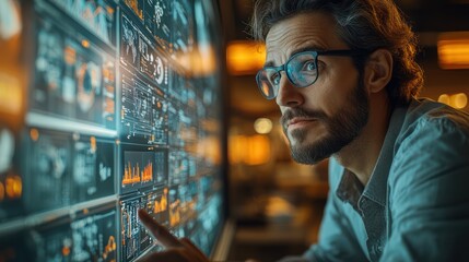 Man Analyzing Data on a Huge Interactive Screen