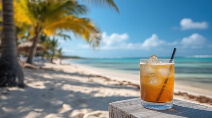 Refreshing cocktail on a tropical beach with palm trees and clear blue sky