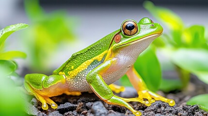 Fototapeta premium Green tree frog perched on dark soil, lush greenery background; nature photography for websites, blogs