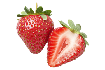 A fresh and juicy strawberry with green leaves isolated on white transparent background.