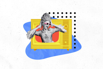 3d sketch poster trend collage image of happy elegant countess girl peek television box broadcast...