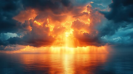 Fototapeta premium Fiery Sunset over the Ocean: A Dramatic Seascape