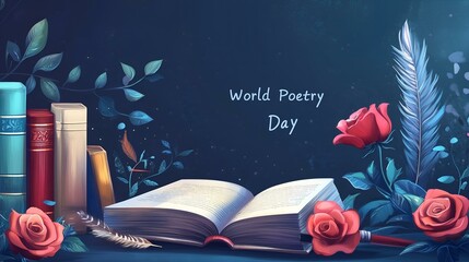 Open book surrounded by roses, quill, and stacked books, celebrating World Poetry Day with an artistic design.