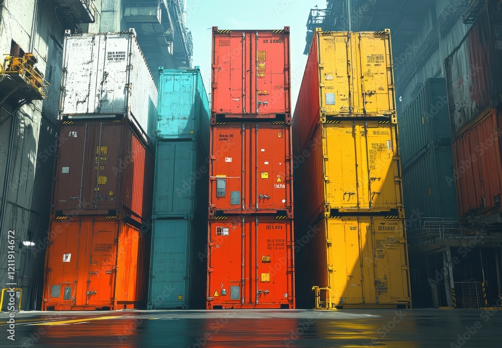 Poster colorful stacked shipping containers in industrial port setting with soft light and reflections for 