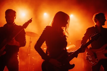 Musicians perform on stage with vibrant lighting at a live concert event during the evening