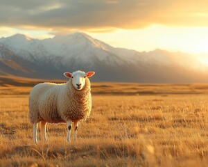 Fototapeta premium Sheep standing in golden field at sunset with mountains in background.