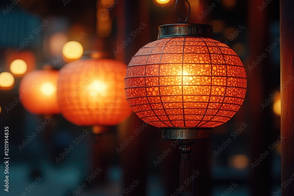 Poster A group of red lanterns hang suspended from a pole, ideal for lighting a pathway or adding ambiance to an outdoor setting