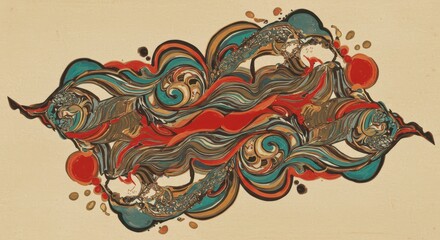 Abstract Swirling Pattern: A mesmerizing tapestry of swirling, interconnected lines and shapes in a vibrant palette of teal, gold, and red. This abstract design evokes a sense of movement, energy.
