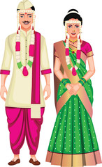 Indian Marathi Wedding Couple Vector Illustration