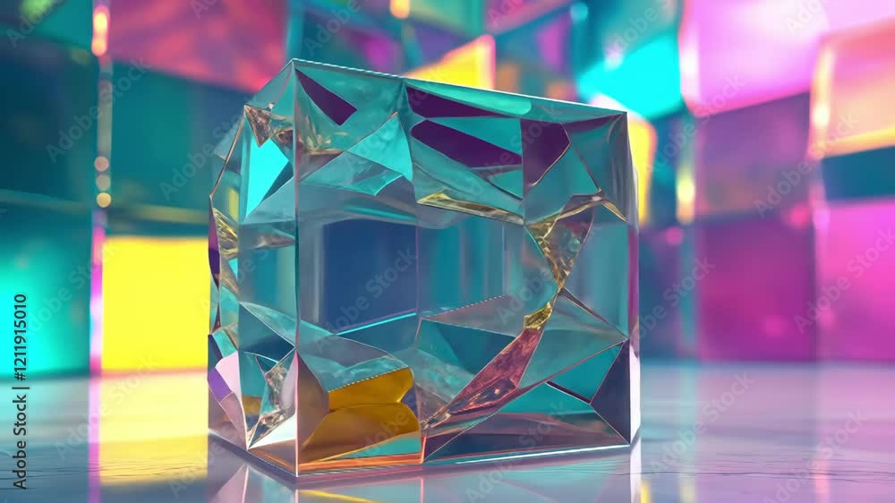 Poster vibrant cube reflects light with transparency, showcasing modern design and artistic elements in a g