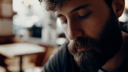 Close-up of a Bearded Man Focused on His Task in a Cozy Café Setting During Daytime Hours